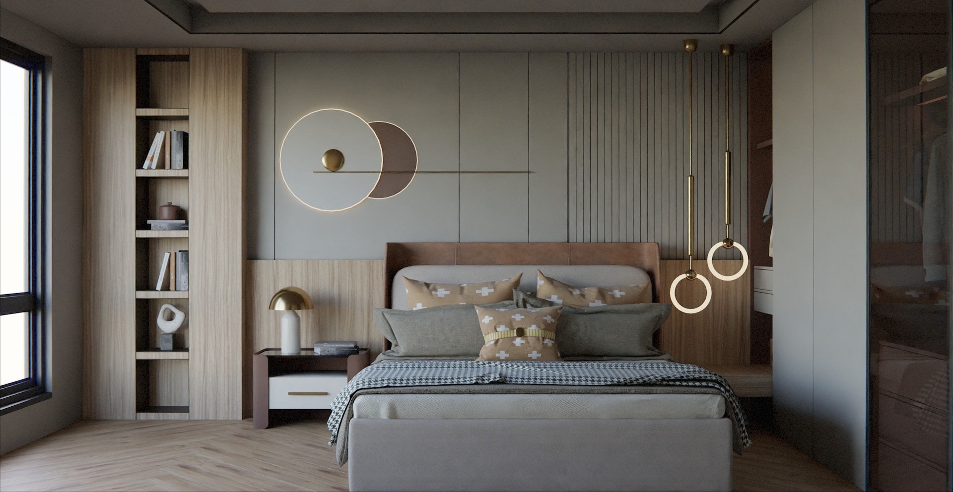 Upholstered hotel bed frame in modern bedroom furniture setting