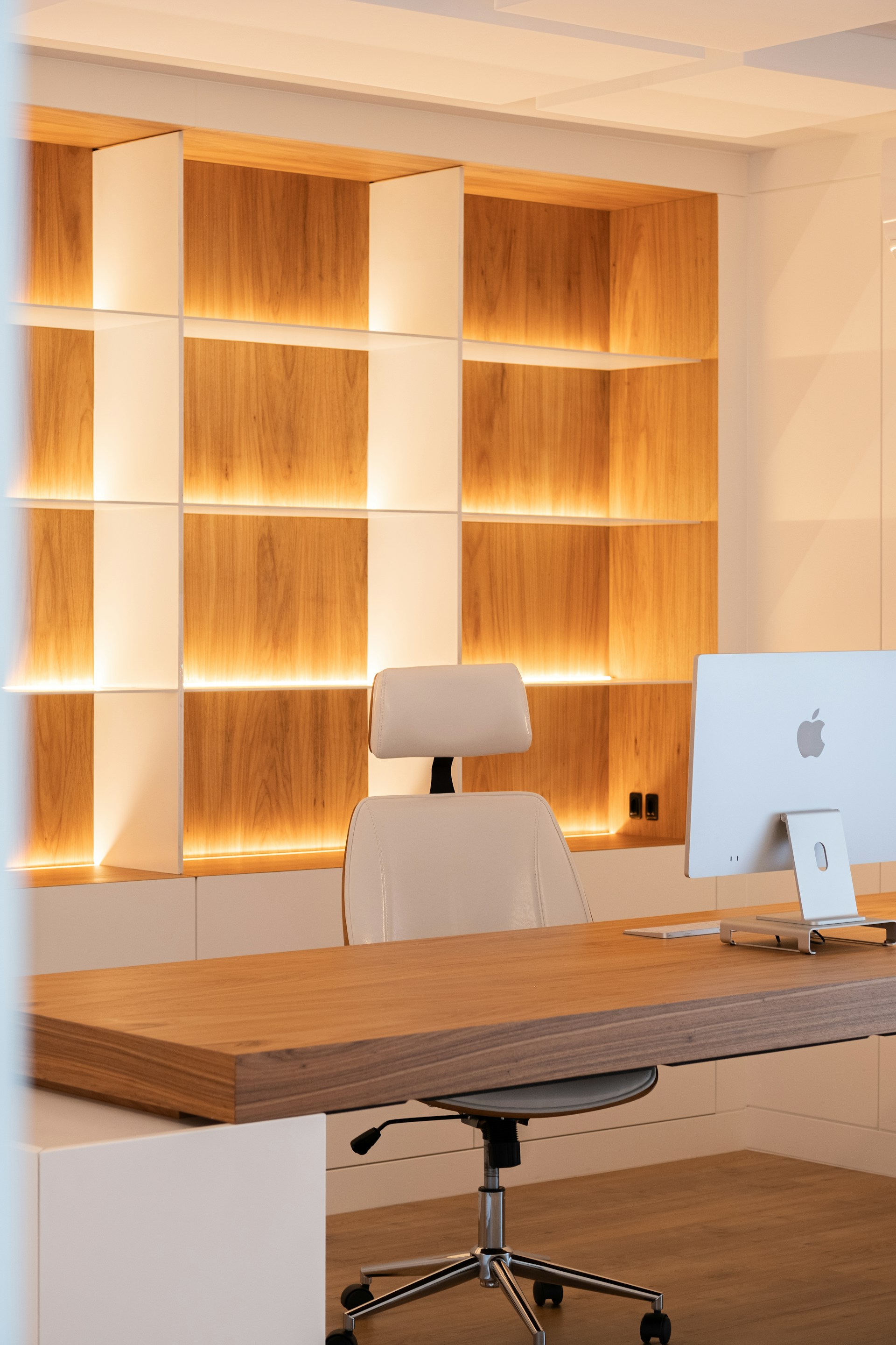 Modern office furniture workspace with desks and seating